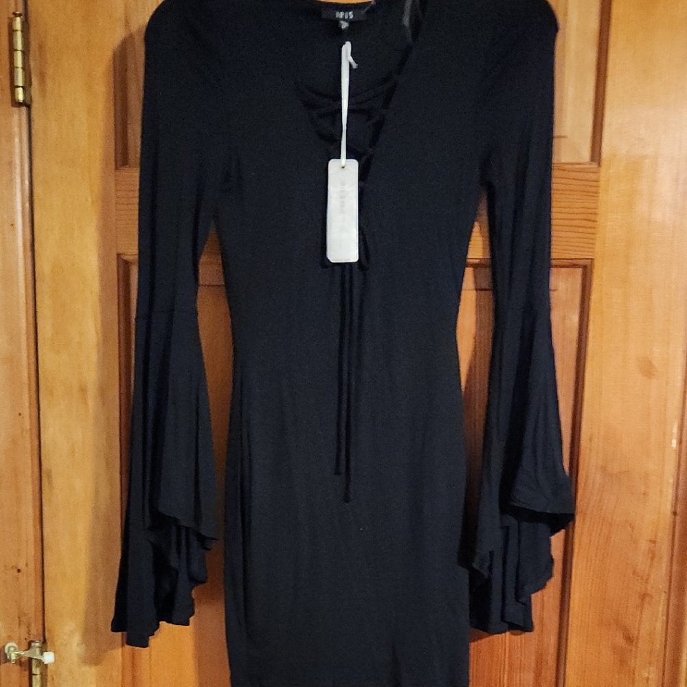 Black Long Sleeve Dress with Lace-Up Detail And Bell Sleeves